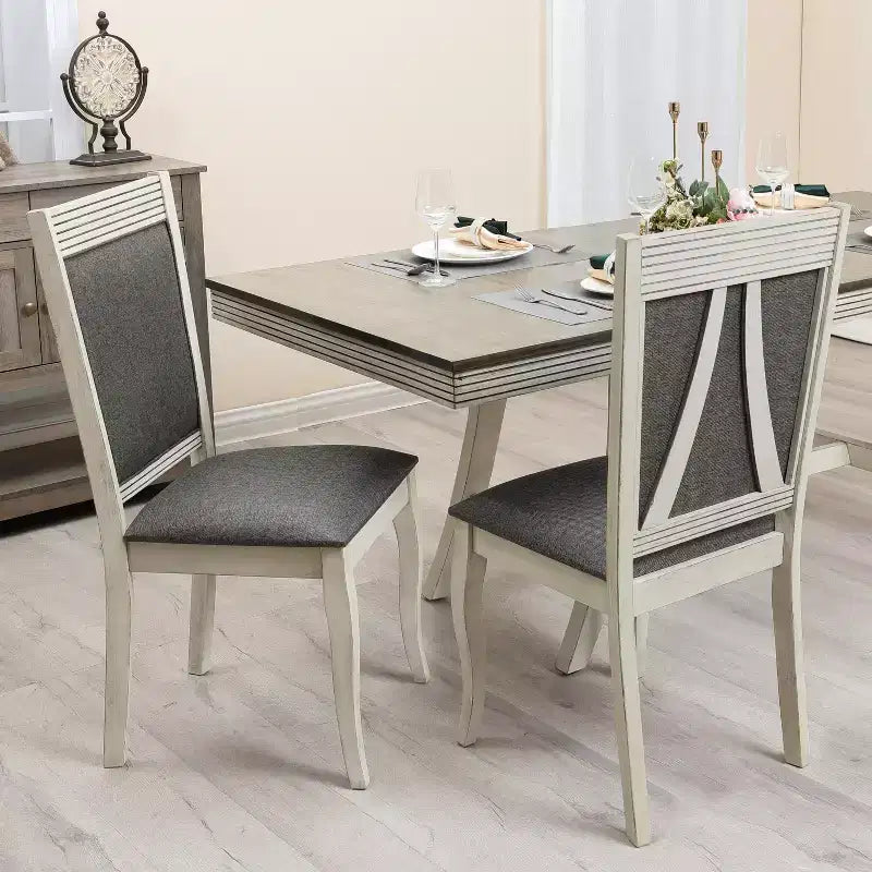 LuxenHome Set di 2 sedie da pranzo imbottite grigie e in legno di gomma bianco anticato