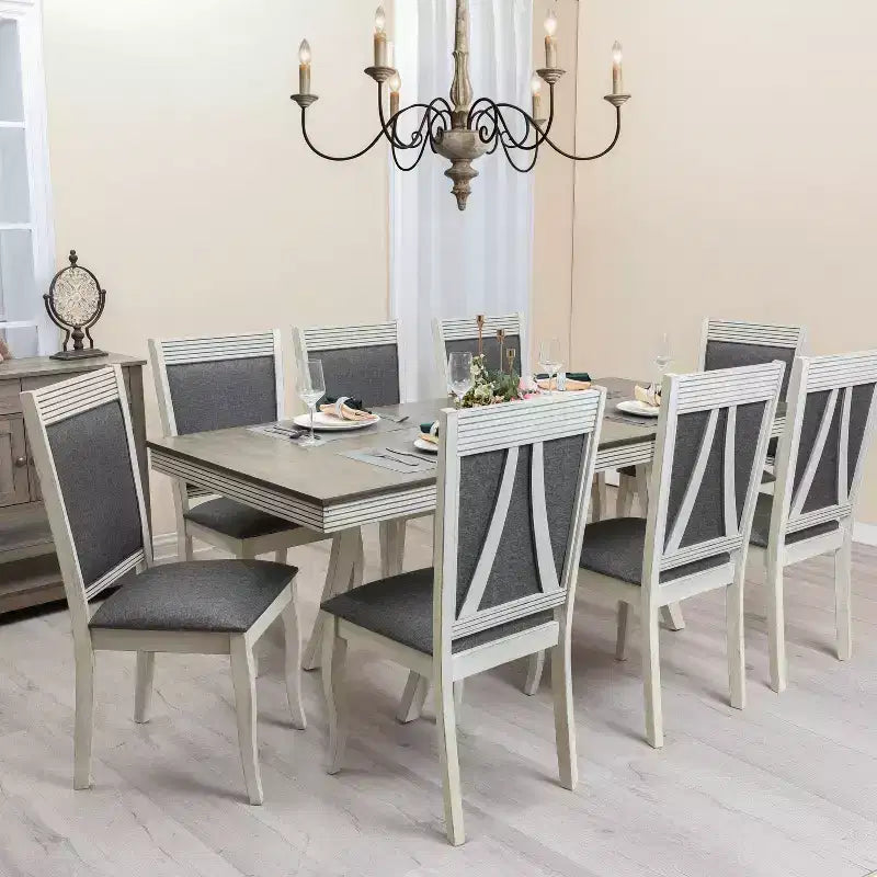 LuxenHome Set di 2 sedie da pranzo imbottite grigie e in legno di gomma bianco anticato