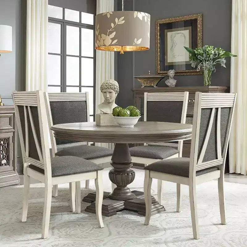 LuxenHome Set di 2 sedie da pranzo imbottite grigie e in legno di gomma bianco anticato
