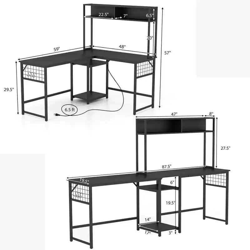 Scrivania a L Costway con presa di corrente, ampia scrivania angolare convertibile in scrivania lunga per 2 persone, Marrone rustico/Nero