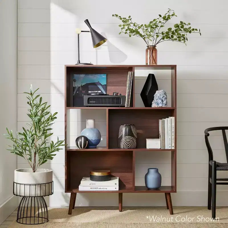 Libreria moderna in legno a 3 ripiani in stile Mid-Century con pannelli posteriori rimovibili e piedini sfalsati in pino di Best Choice Products
