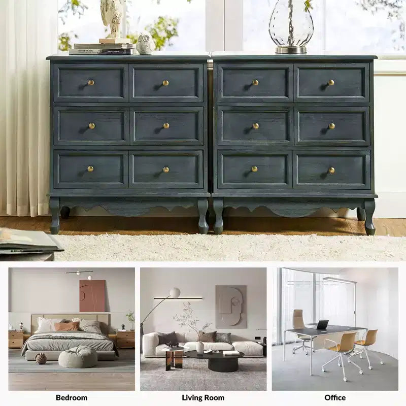 Set di 2 cassettiere tradizionali Galatea da 81 cm in legno massello a 3 cassetti con stazione di ricarica | HULALA HOME