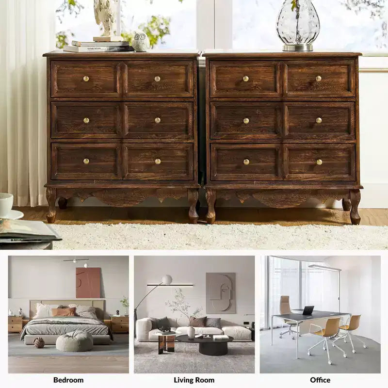 Set di 2 cassettiere tradizionali Galatea da 81 cm in legno massello a 3 cassetti con stazione di ricarica | HULALA HOME