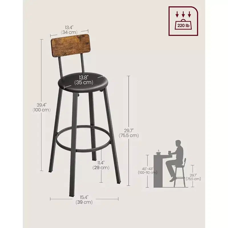 VASAGLE Sgabelli da Bar, Set di 2 Sgabelli da Colazione Imbottiti in PU, Sgabelli da Bar da 75,5 cm con Schienale e Poggiapiedi, per Sala da Pranzo, Cucina, Bancone, Bar