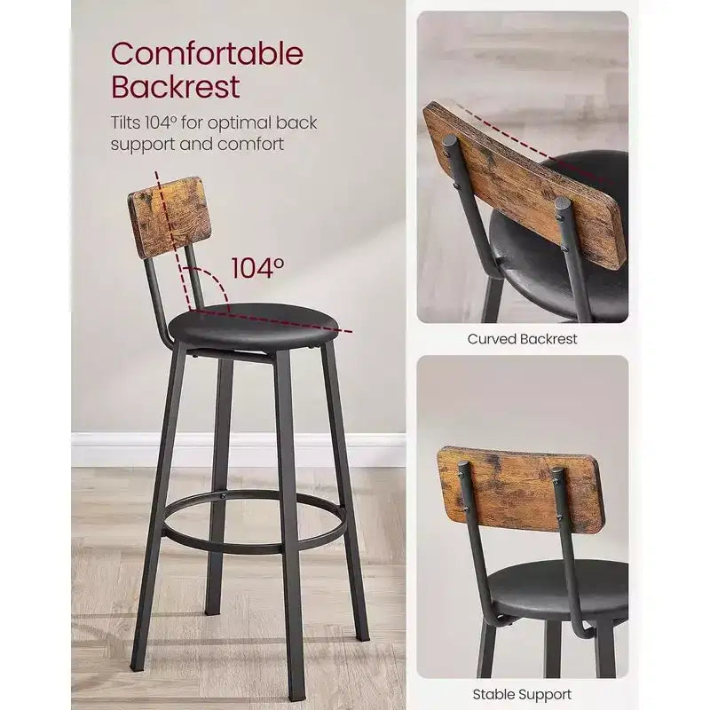 VASAGLE Sgabelli da Bar, Set di 2 Sgabelli da Colazione Imbottiti in PU, Sgabelli da Bar da 75,5 cm con Schienale e Poggiapiedi, per Sala da Pranzo, Cucina, Bancone, Bar