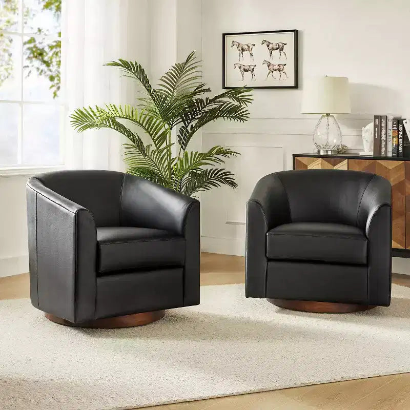 Set di 2 sedie moderne girevoli a barilotto Jessie da 30,5 pollici di larghezza in similpelle con base in legno massello|ART OF LIVING DESIGNS