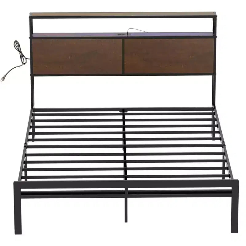 HAUSOURCE Queen Bed Frame with Storage Headboard Metal Platform Bed with Rubberized Stopper, Noise Free Design and Large Storage Space for Bedroom