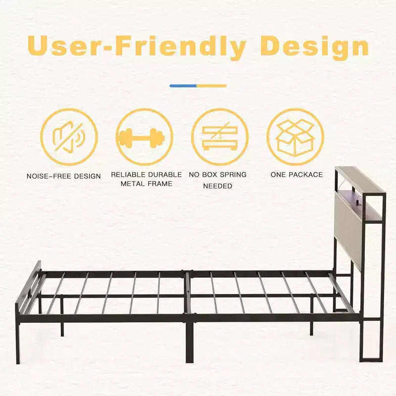 HAUSOURCE Struttura Letto Matrimoniale con Testiera Contenitore, Base Letto in Metallo con Tappi Gommini, Design Silenzioso e Ampio Spazio Contenitore per Camera da Letto
