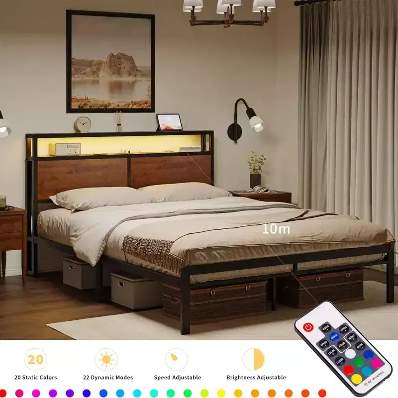 HAUSOURCE Struttura Letto Matrimoniale con Testiera Contenitore, Base Letto in Metallo con Tappi Gommini, Design Silenzioso e Ampio Spazio Contenitore per Camera da Letto