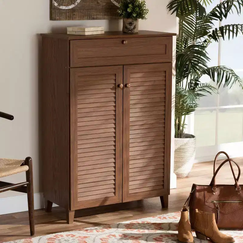 Scarpiera Coolidge Baxton Studio con ripiani in legno e cassetto
