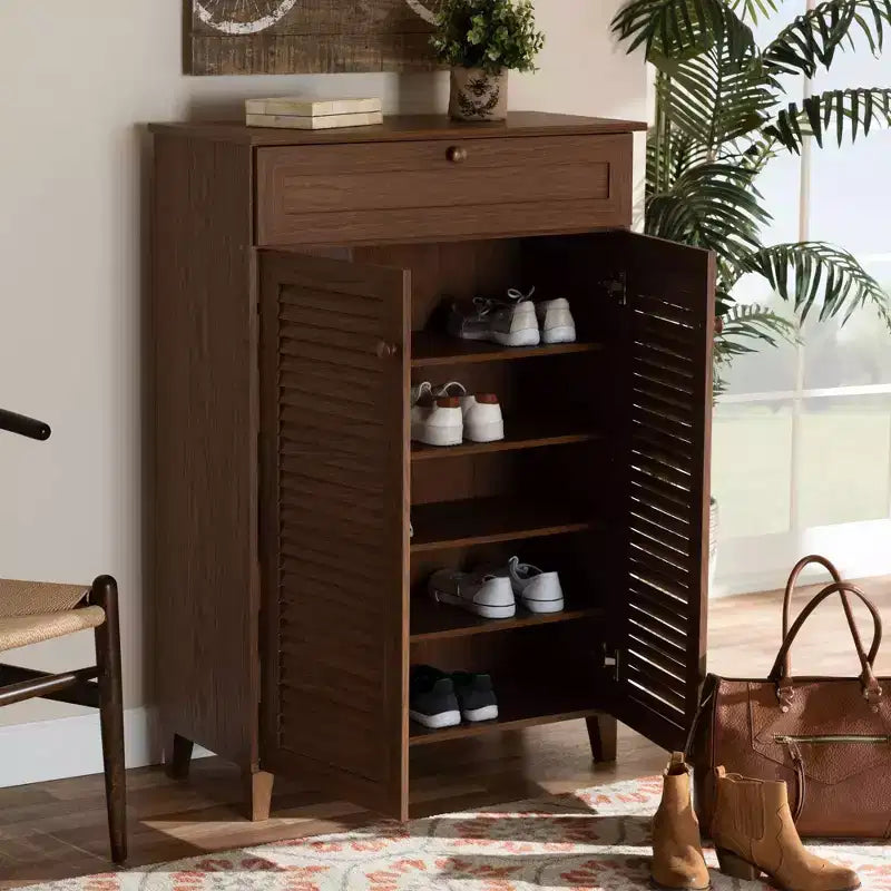 Scarpiera Coolidge Baxton Studio con ripiani in legno e cassetto