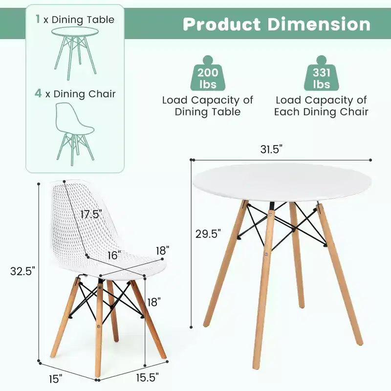 Costway Set Tavolo da Pranzo 5 Pezzi per 4 Persone Tavolo Rotondo Moderno e 4 Sedie con Gambe in Legno Verde/Bianco