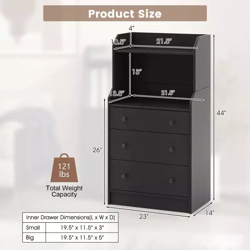 Cassettiera a 3 cassetti Costway 44, mobile organizer in legno alto con 2 ripiani aperti, nero/bianco/noce