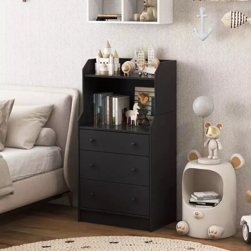 Cassettiera a 3 cassetti Costway 44, mobile organizer in legno alto con 2 ripiani aperti, nero/bianco/noce