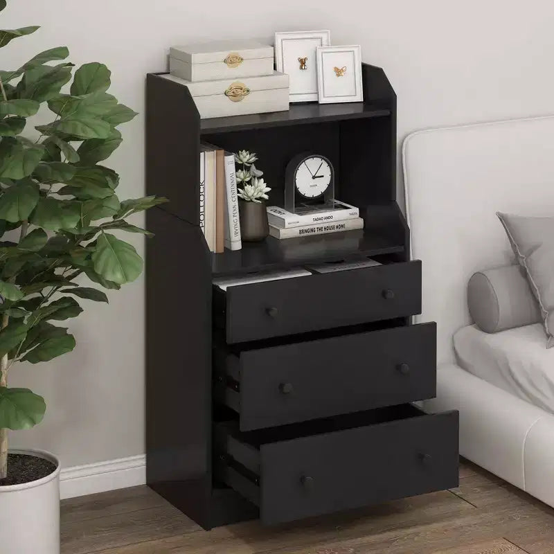 Cassettiera a 3 cassetti Costway 44, mobile organizer in legno alto con 2 ripiani aperti, nero/bianco/noce
