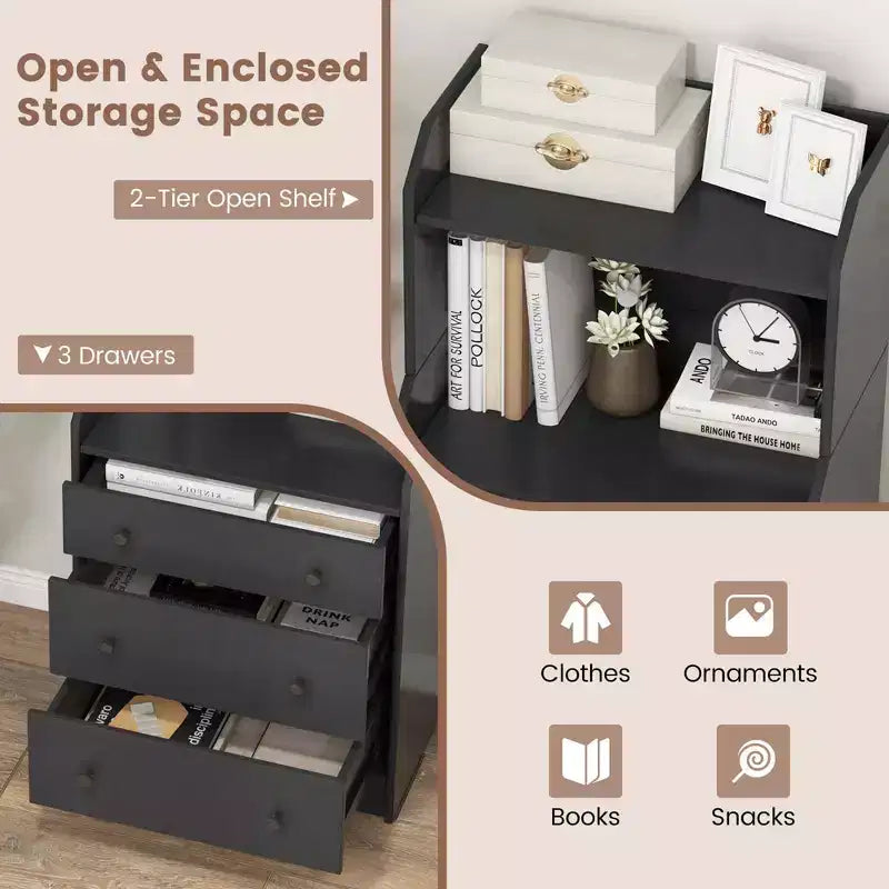 Cassettiera a 3 cassetti Costway 44, mobile organizer in legno alto con 2 ripiani aperti, nero/bianco/noce