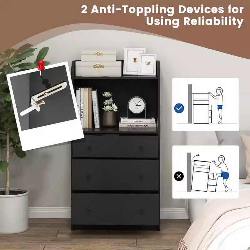 Cassettiera a 3 cassetti Costway 44, mobile organizer in legno alto con 2 ripiani aperti, nero/bianco/noce