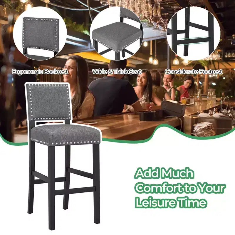 Costway Set di 2 Sedie da Bar/Bancone con Struttura in Legno di Gomma Massiccio e Piedini Regolabili Grigio e Marrone Scuro