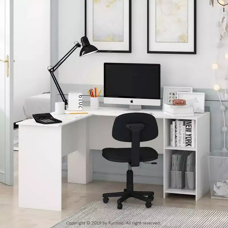 Furinno L-Shaped Computer Desk Study Gaming Table Corner Workstation with Open Bookshelves,White