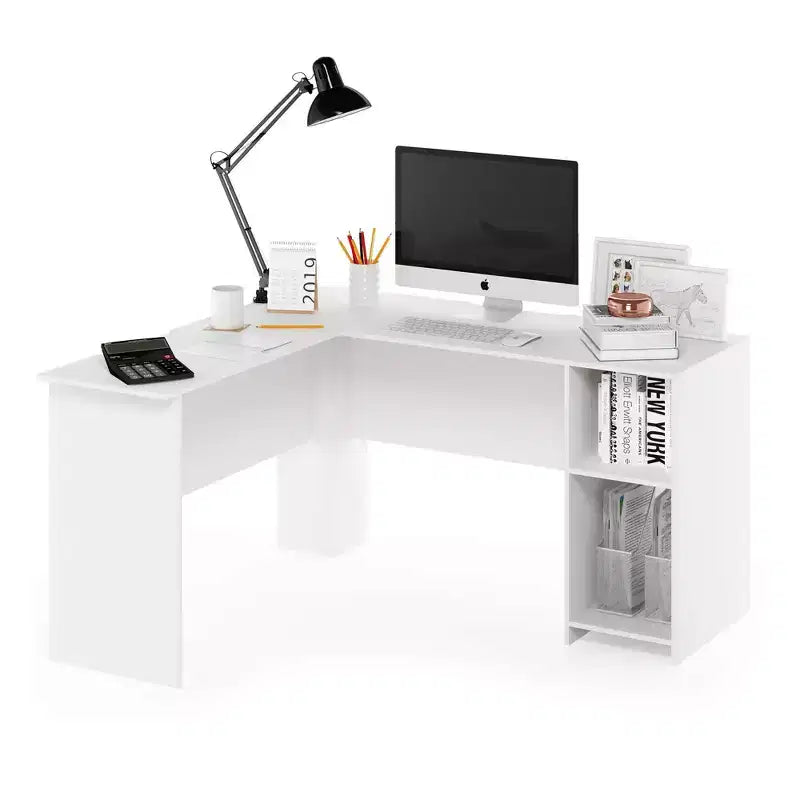 Furinno Scrivania per Computer a L, Tavolo da Studio e Gaming, Postazione Angolare con Scaffali Aperti, Bianco