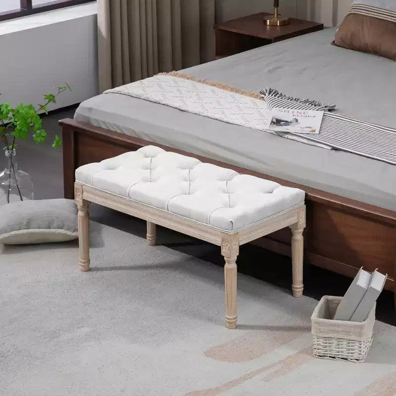 Panca da letto HOMCOM stile vintage francese, panca imbottita in lino con seduta spessa imbottita e gambe in legno, panca capitonné per camera da letto