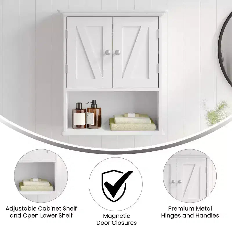 Pensile da bagno Merrick Lane con ripiano regolabile, ripiano inferiore aperto e ante con chiusura magnetica
