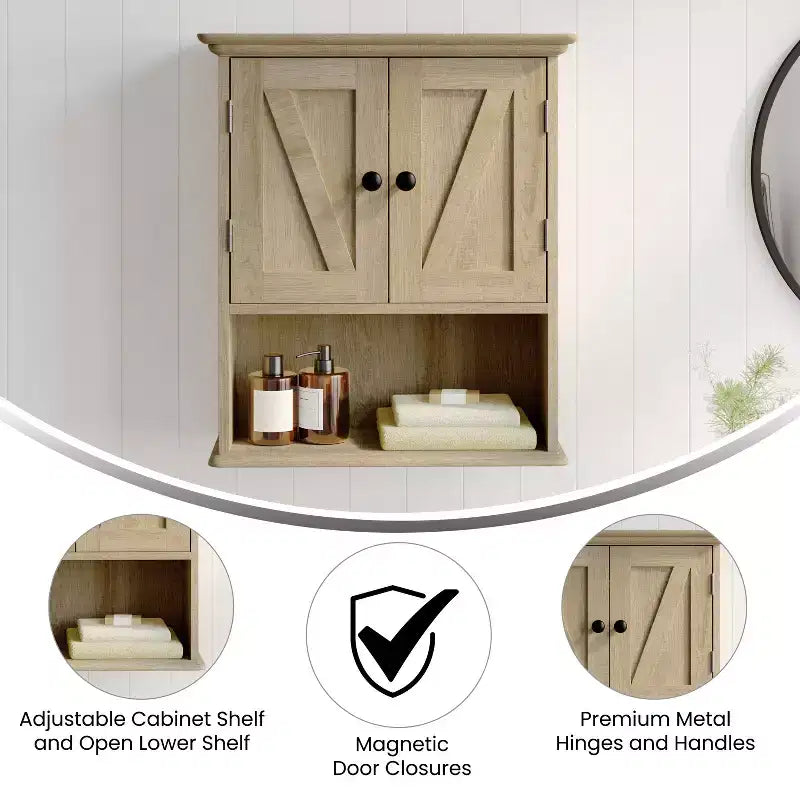 Pensile da bagno Merrick Lane con ripiano regolabile, ripiano inferiore aperto e ante con chiusura magnetica