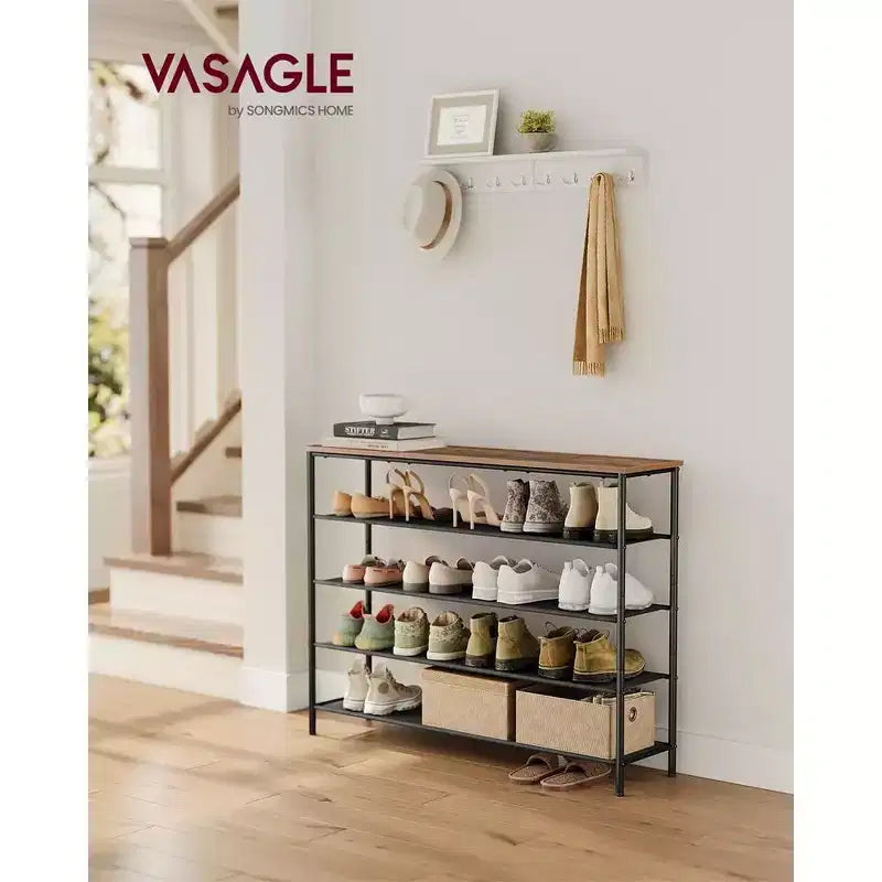 VASAGLE Scarpiera, Scarpiera a 5 Livelli per 20-24 Paia di Scarpe, Organizzatore di Scarpe con 4 Ripiani in Tessuto e Piano in Legno, Marrone Rustico e Nero