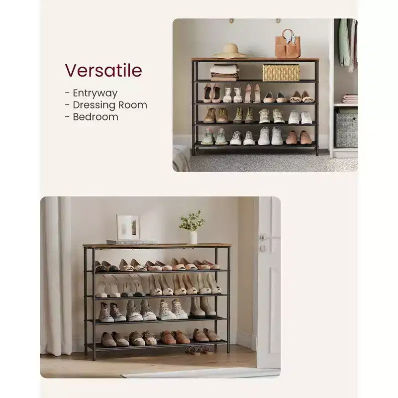 VASAGLE Scarpiera, Scarpiera a 5 Livelli per 20-24 Paia di Scarpe, Organizzatore di Scarpe con 4 Ripiani in Tessuto e Piano in Legno, Marrone Rustico e Nero