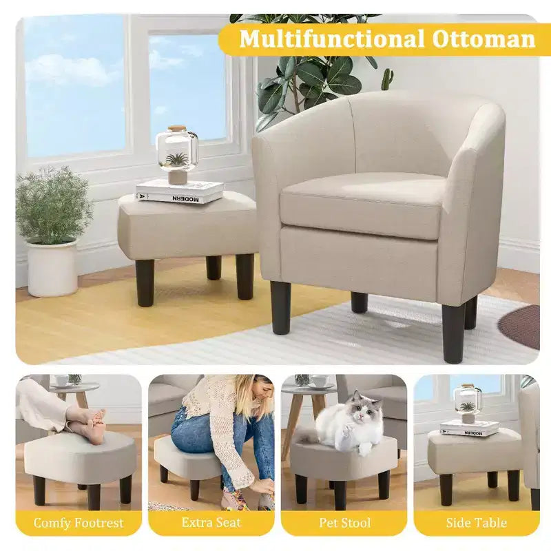 Set Poltrona a Botte Costway con Poggiapiedi Ottomano, Schienale Curvo e Cuscino di Seduta Rimovibile Grigio/Beige
