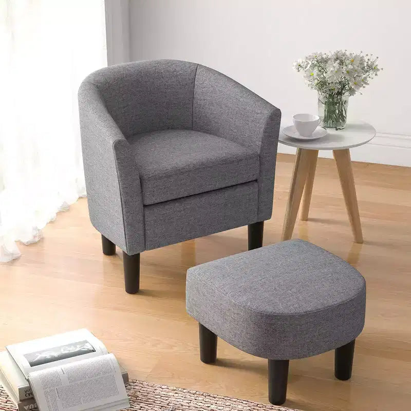 Set Poltrona a Botte Costway con Poggiapiedi Ottomano, Schienale Curvo e Cuscino di Seduta Rimovibile Grigio/Beige