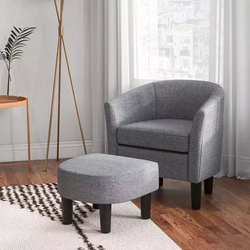 Set Poltrona a Botte Costway con Poggiapiedi Ottomano, Schienale Curvo e Cuscino di Seduta Rimovibile Grigio/Beige
