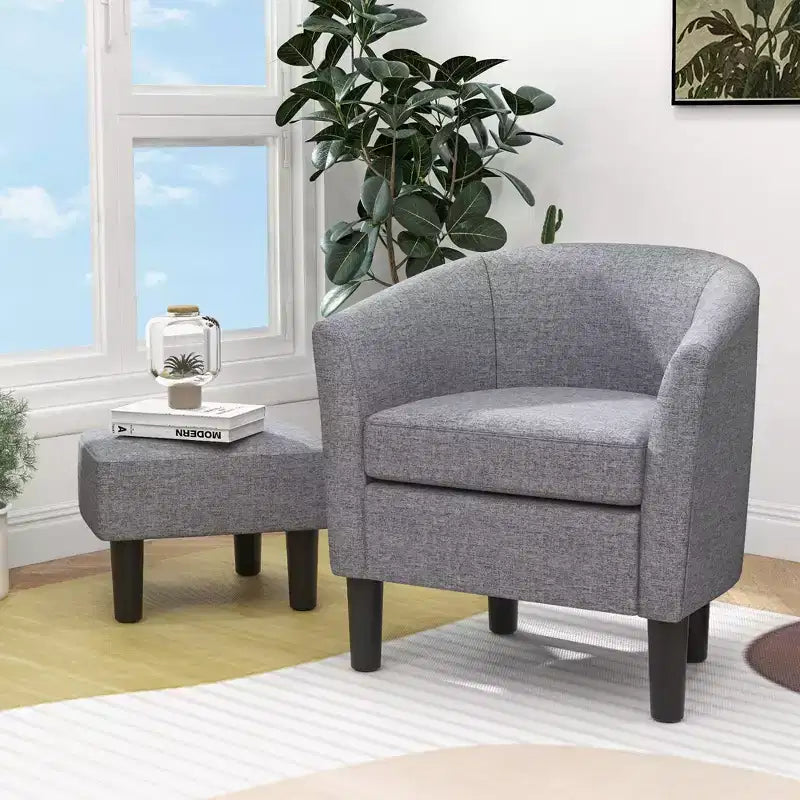 Set Poltrona a Botte Costway con Poggiapiedi Ottomano, Schienale Curvo e Cuscino di Seduta Rimovibile Grigio/Beige