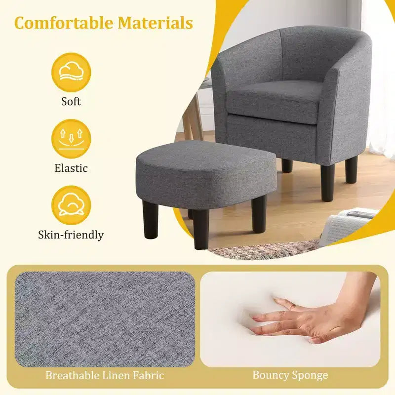 Set Poltrona a Botte Costway con Poggiapiedi Ottomano, Schienale Curvo e Cuscino di Seduta Rimovibile Grigio/Beige