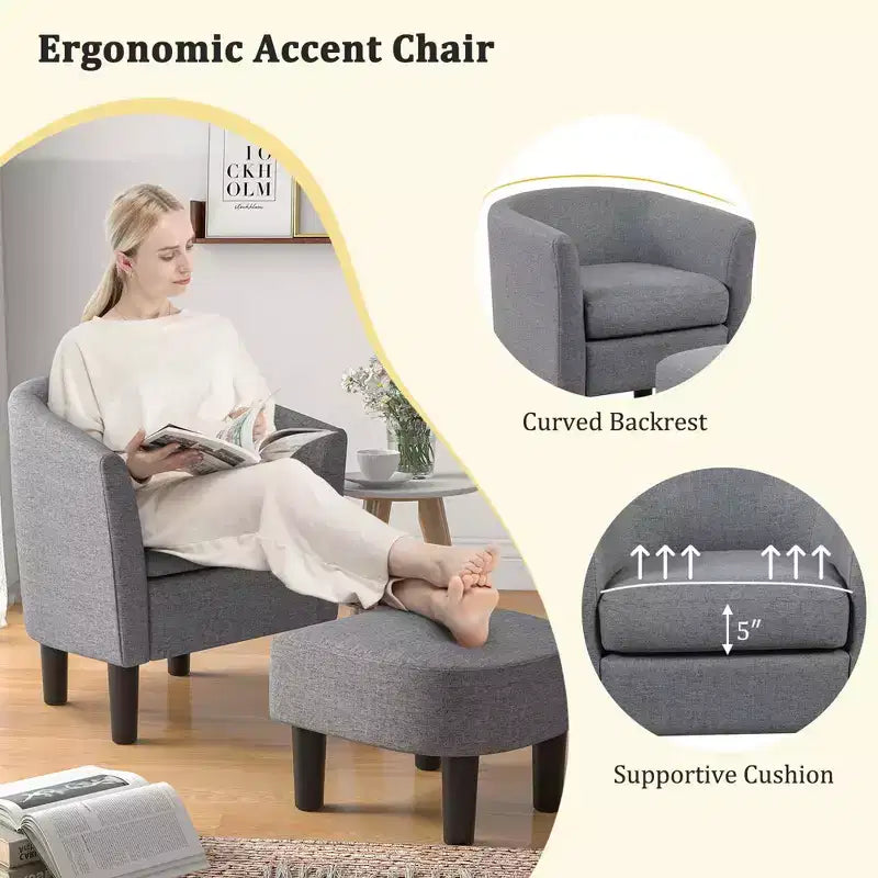 Set Poltrona a Botte Costway con Poggiapiedi Ottomano, Schienale Curvo e Cuscino di Seduta Rimovibile Grigio/Beige