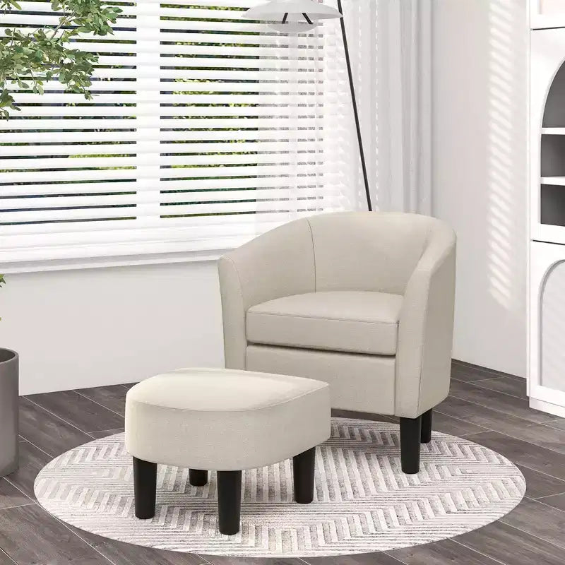 Set Poltrona a Botte Costway con Poggiapiedi Ottomano, Schienale Curvo e Cuscino di Seduta Rimovibile Grigio/Beige