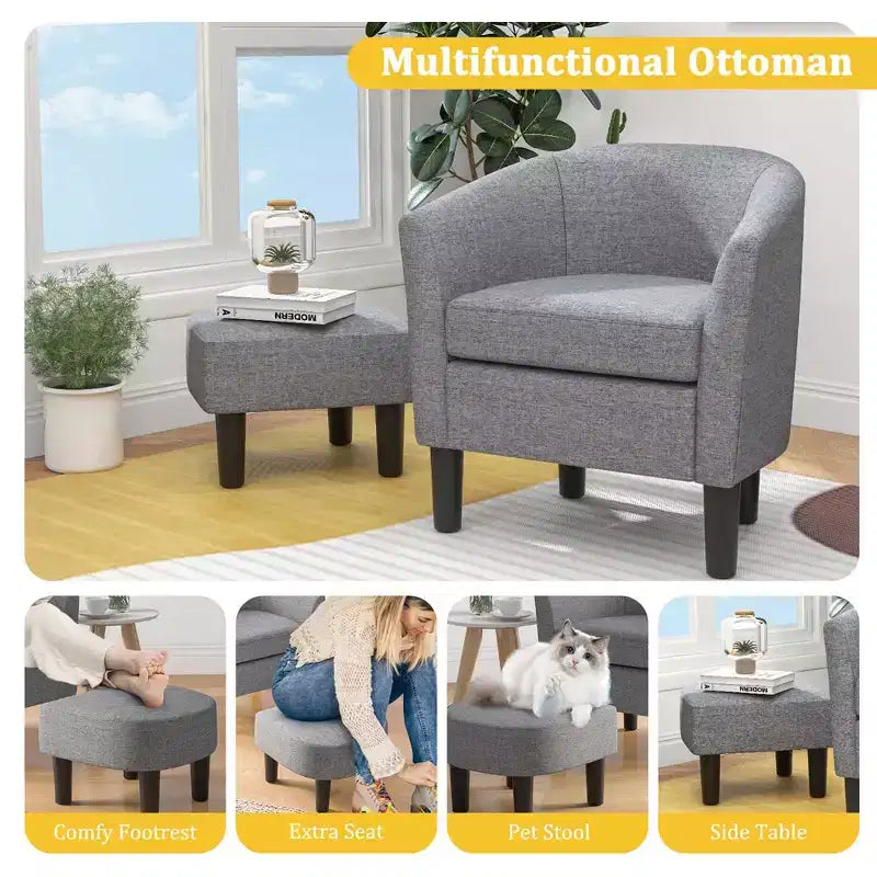 Set Poltrona a Botte Costway con Poggiapiedi Ottomano, Schienale Curvo e Cuscino di Seduta Rimovibile Grigio/Beige