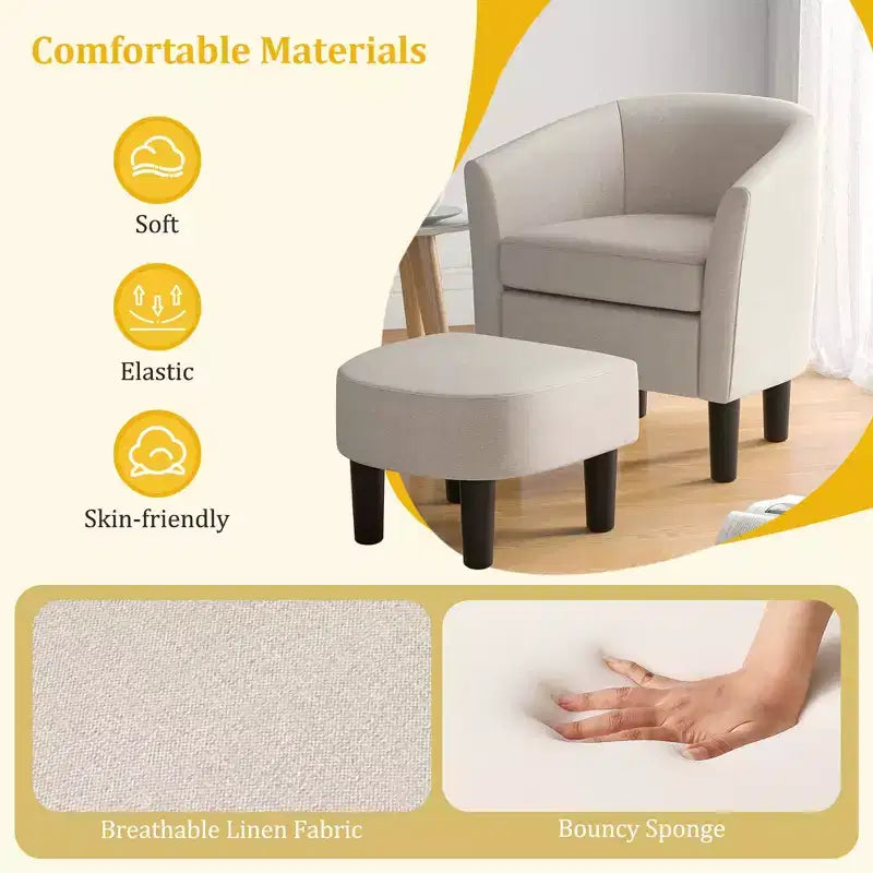 Set Poltrona a Botte Costway con Poggiapiedi Ottomano, Schienale Curvo e Cuscino di Seduta Rimovibile Grigio/Beige
