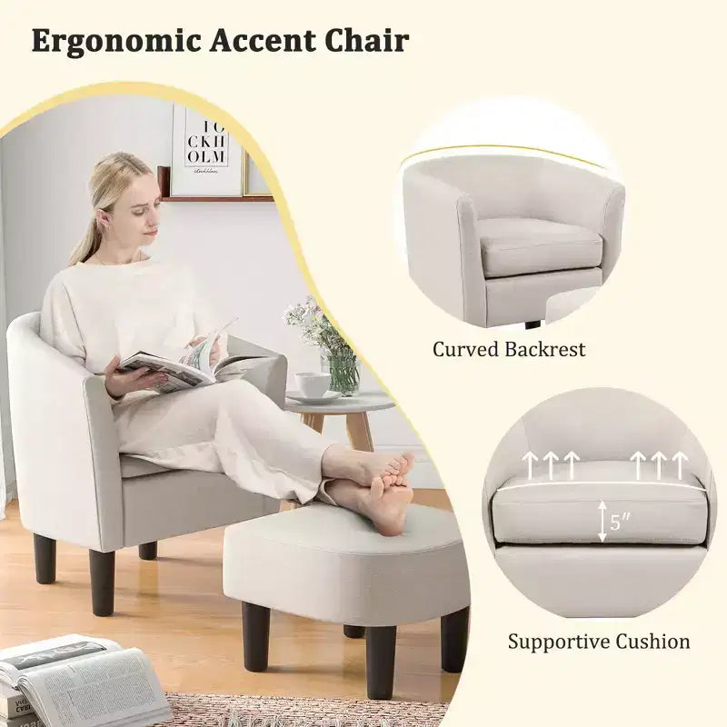 Set Poltrona a Botte Costway con Poggiapiedi Ottomano, Schienale Curvo e Cuscino di Seduta Rimovibile Grigio/Beige
