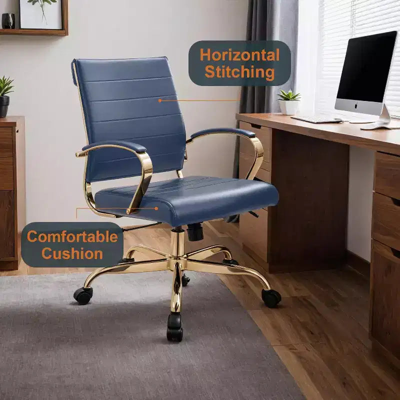 Sedia da Ufficio in Pelle LeisureMod Benmar con Dettagli Dorati, Altezza Regolabile, Base Girevole, Design Ergonomico per Ufficio Domestico, Studio o Spazio di Lavoro