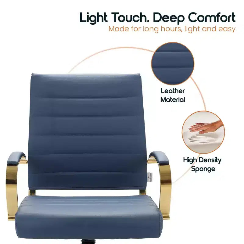 Sedia da Ufficio in Pelle LeisureMod Benmar con Dettagli Dorati, Altezza Regolabile, Base Girevole, Design Ergonomico per Ufficio Domestico, Studio o Spazio di Lavoro