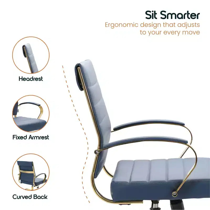 Sedia da Ufficio in Pelle LeisureMod Benmar con Dettagli Dorati, Altezza Regolabile, Base Girevole, Design Ergonomico per Ufficio Domestico, Studio o Spazio di Lavoro