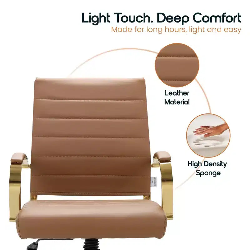 Sedia da Ufficio in Pelle LeisureMod Benmar con Dettagli Dorati, Altezza Regolabile, Base Girevole, Design Ergonomico per Ufficio Domestico, Studio o Spazio di Lavoro