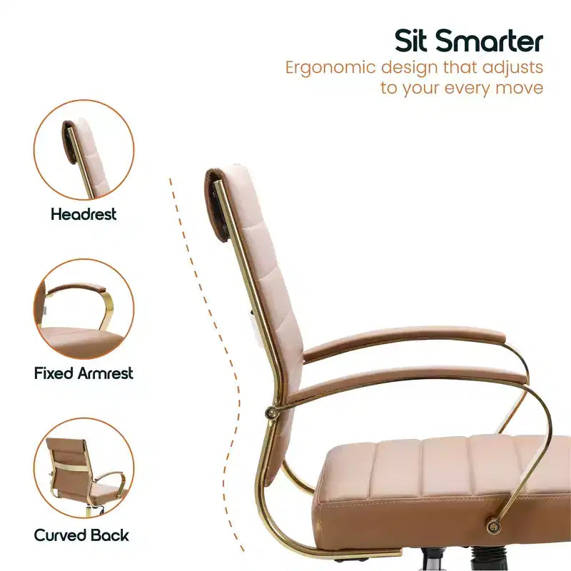 Sedia da Ufficio in Pelle LeisureMod Benmar con Dettagli Dorati, Altezza Regolabile, Base Girevole, Design Ergonomico per Ufficio Domestico, Studio o Spazio di Lavoro