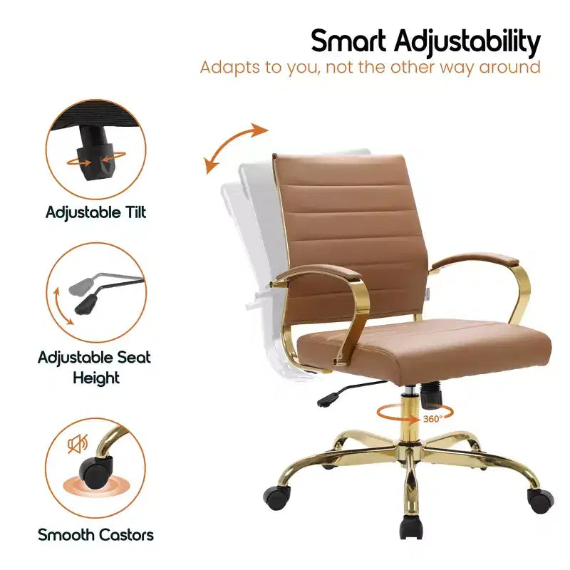 Sedia da Ufficio in Pelle LeisureMod Benmar con Dettagli Dorati, Altezza Regolabile, Base Girevole, Design Ergonomico per Ufficio Domestico, Studio o Spazio di Lavoro