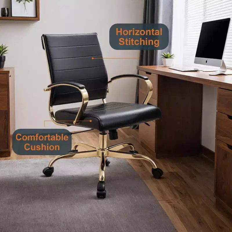 Sedia da Ufficio in Pelle LeisureMod Benmar con Dettagli Dorati, Altezza Regolabile, Base Girevole, Design Ergonomico per Ufficio Domestico, Studio o Spazio di Lavoro