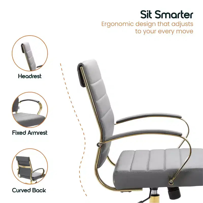 Sedia da Ufficio in Pelle LeisureMod Benmar con Dettagli Dorati, Altezza Regolabile, Base Girevole, Design Ergonomico per Ufficio Domestico, Studio o Spazio di Lavoro