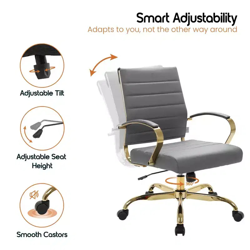 Sedia da Ufficio in Pelle LeisureMod Benmar con Dettagli Dorati, Altezza Regolabile, Base Girevole, Design Ergonomico per Ufficio Domestico, Studio o Spazio di Lavoro