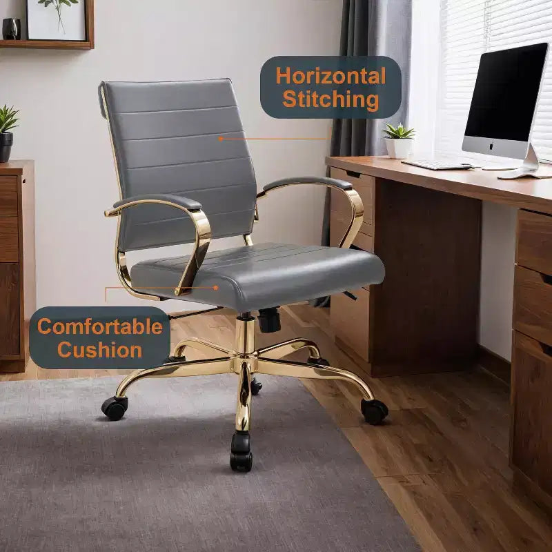 Sedia da Ufficio in Pelle LeisureMod Benmar con Dettagli Dorati, Altezza Regolabile, Base Girevole, Design Ergonomico per Ufficio Domestico, Studio o Spazio di Lavoro