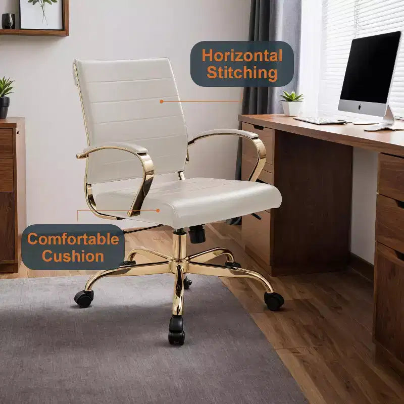 Sedia da Ufficio in Pelle LeisureMod Benmar con Dettagli Dorati, Altezza Regolabile, Base Girevole, Design Ergonomico per Ufficio Domestico, Studio o Spazio di Lavoro